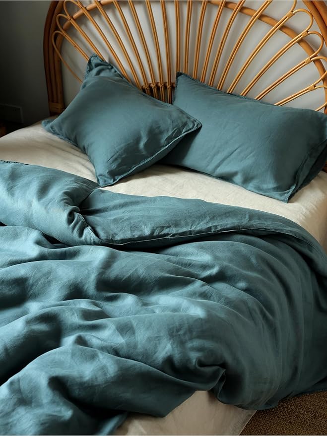 XZ XIFA Blue Linen Duvet Cover Queen, 100% Washed French Flax Linen Bedding with Zipper Closure, Cooling for Hot Sleepers, Textured Bed Sets - 1 Duvet Cover and 2 Pillowcases.