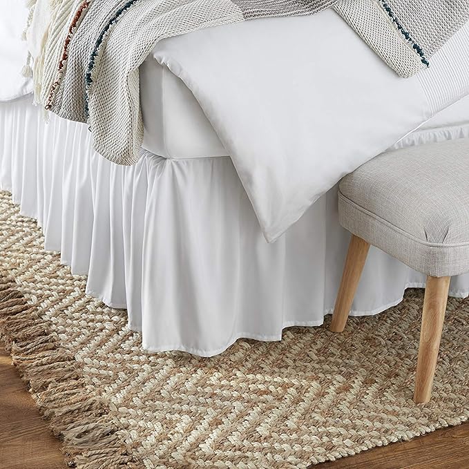 KRISHNA Ruffled Bed Skirt with Split Corners Full, 100% Microfiber Hotel Quality, 14 Inch Drop Dust Ruffle Gathered Bedskirt with Platform, 54" x 75", White