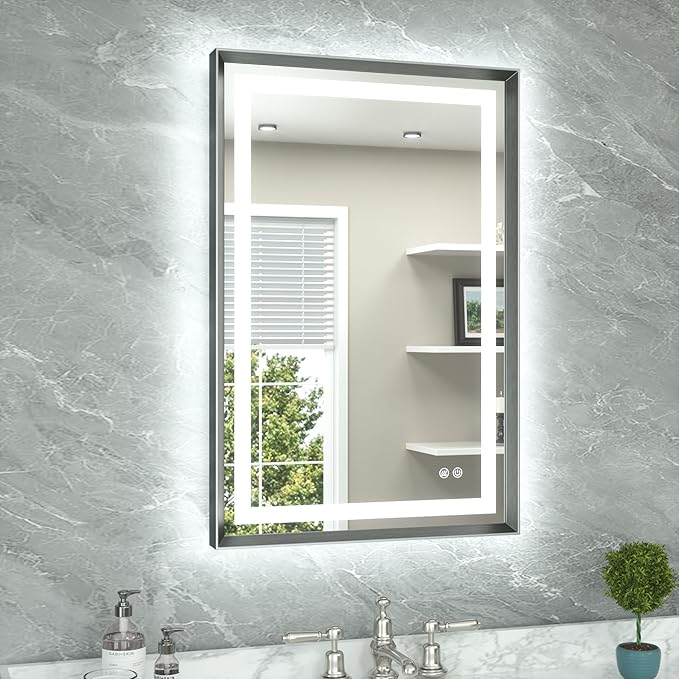 TETOTE 24 x 36 Bathroom LED Mirror Brushed Gunmetal Gray Frame Frontlit & Backlit Vanity Mirror Anti-Fog Stepless Dimmable 3 Colors White/Warm/Natural Wall-Mounted