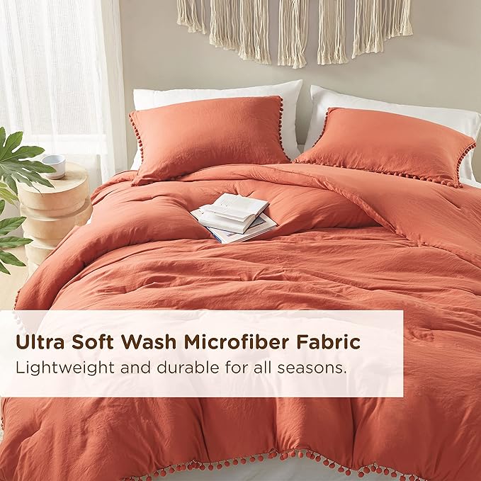 Codi Terracotta King Comforter Set - Boho Chic Bedding with Elegant Pom Fringe, Soft Washed Microfiber 3pc Luxury Set, Lightweight & Breathable for Master Bedroom, 1 Comforter & 2 Pillow Shams