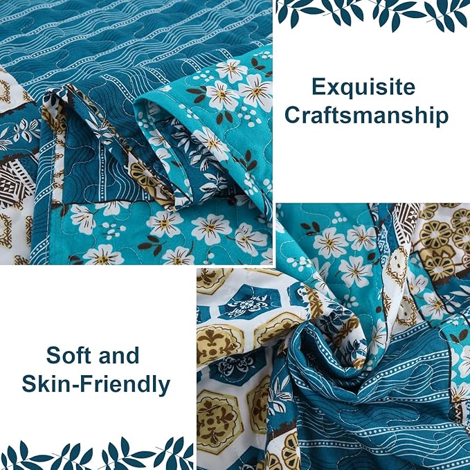 Mybedsoul Dusty Blue Quilt Set King Size, 3 Pieces Plaid Floral Bedspread Set Patchwork Reversible Bedding Set Microfiber Lightweight Bedspread Coverlet Set for All Season 110"x90"