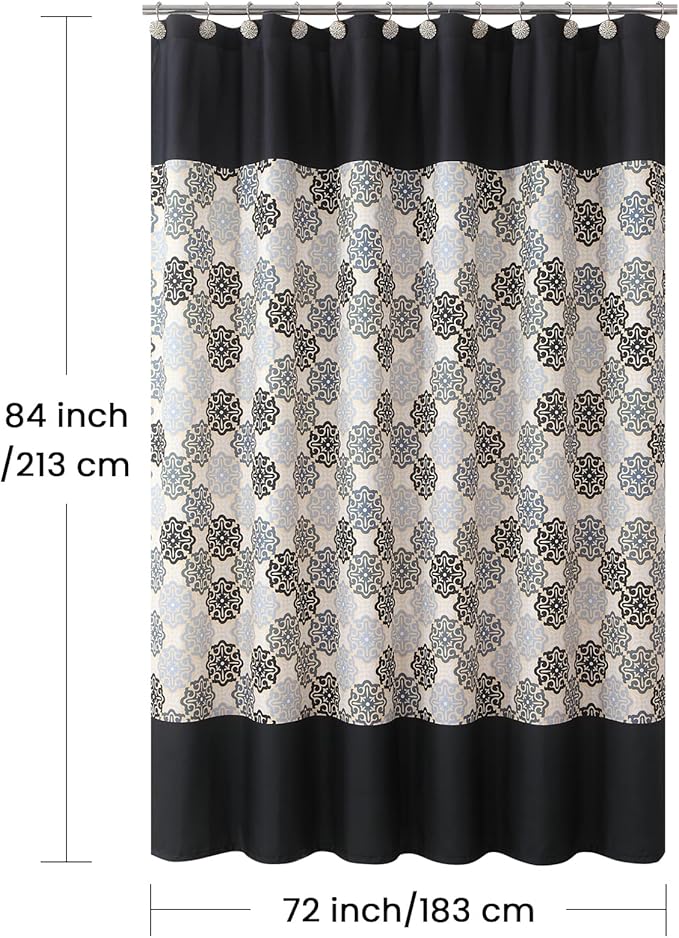 Extra Long Fabric Shower Curtain, Black Beige Grey Boho Medallion Print Shower Curtains for Bathroom, 72" W x 84" H