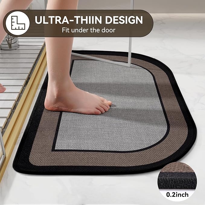 Half Circle Bath Mat,Thin Bathroom Rugs Fit Under Door Quick Dry Non Slip Washable Bathroom Mat with Rubber Backing,Absorbent Woven Half Round Shower Mat Rug,Gray Gray Brown