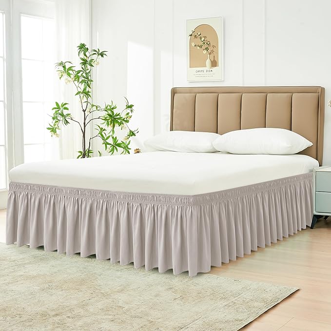 Biscaynebay Wrap Around Bedskirts for King & Cal King Beds with 18" Drop, Camel Grey Adjustable Elastic Dust Ruffles Easy Fit Wrinkle Resistant Silky Luxurious Fabric Machine Washable