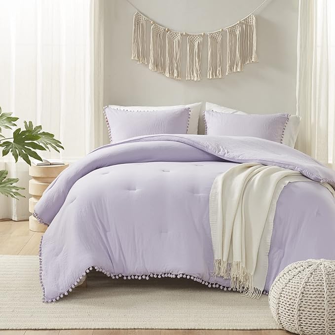 Codi Lavender Purple Boho Twin Comforter Set for Girls, Aesthetic Pom Fringe Design Cute Bedding, Soft Washed Microfiber Bed Sets, Lightweight Chic,1 Comforter & 1 Pillowcase