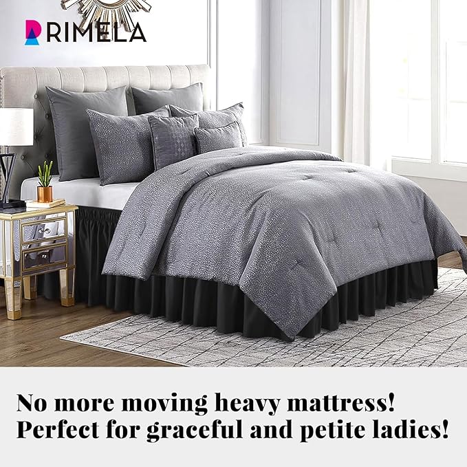RIMELA Bed Skirting Queen Size Black Bed Skirt 12 Inch Drop, Wrap Around Elastic Adjustable Bedskirt, Dust Ruffle for Bed Frame & Box Spring Soft Durable Fabric Machine Washable Easy to Install