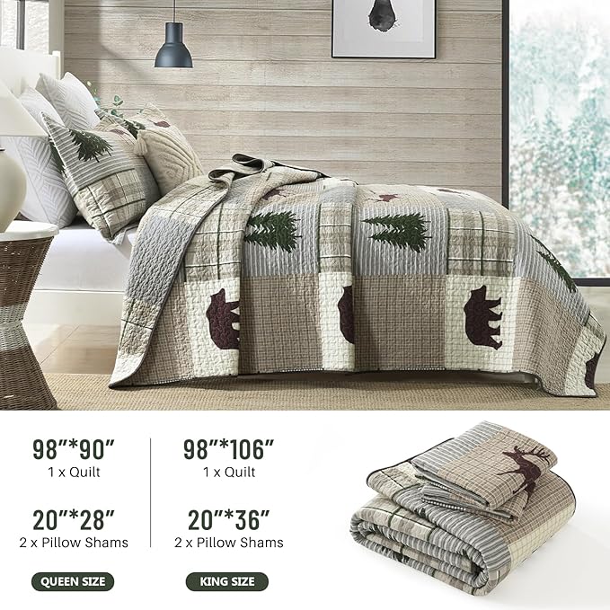 Quilt for Queen Bed - 100% Cotton Farmhouse Patchwork Plaid Cabin Queen Size Quilt Bedding Set, Brown Gray Green Animal Bear Deer Tree Lightweight Bedspread, 3-Piece for All Season (98"x90")