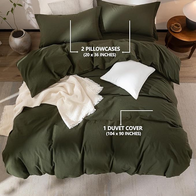 Olive Green Duvet Cover King Size, 100% Washed Cotton Bedding Set Cover 1 Duvet Cover 104inch x 90inch with Zipper Closure and 2 Pillowcases, Olive Green