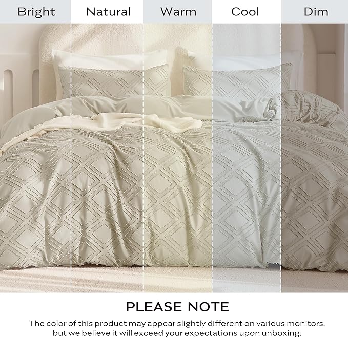 JELLYMONI Duvet Cover King Size Light Khaki - 3PCS Boho Duvet Cover Set Plaid Polyester Tufted Bohemian Jacquard Knit Textured Comforter Cover 104×90in Rhombic Geometric Pattern Zipper Corner Tie