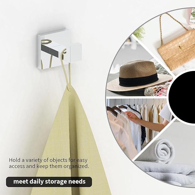 Ruacq Towel Hooks for Bathrooms, 2pcs Square Base Robe Coat Clothes Hook Wall Mount, SUS 304 Stainless Steel Wall Hooks for Hanging, Heavy Duty(Chrome)