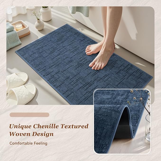 AMOAMI Bath Mat Non Slip Super Absorbent Quick Dry Bath Mats for Bathroom Floor Rubber Backing Washable Bathroom Rugs Modern Woven Jacquard Mat, Beside Tub Bath Rugs, 17" x 24", Blue