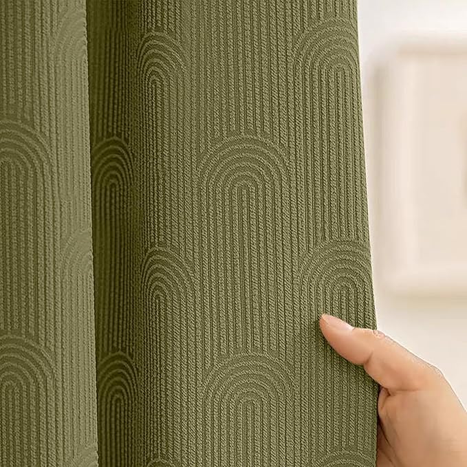 Awellife Boho Shower Curtains for Bathroom Cotton Fabric Touch Matcha Green Bohemian Mid Century Minimalist Arch 72" L X 72" W