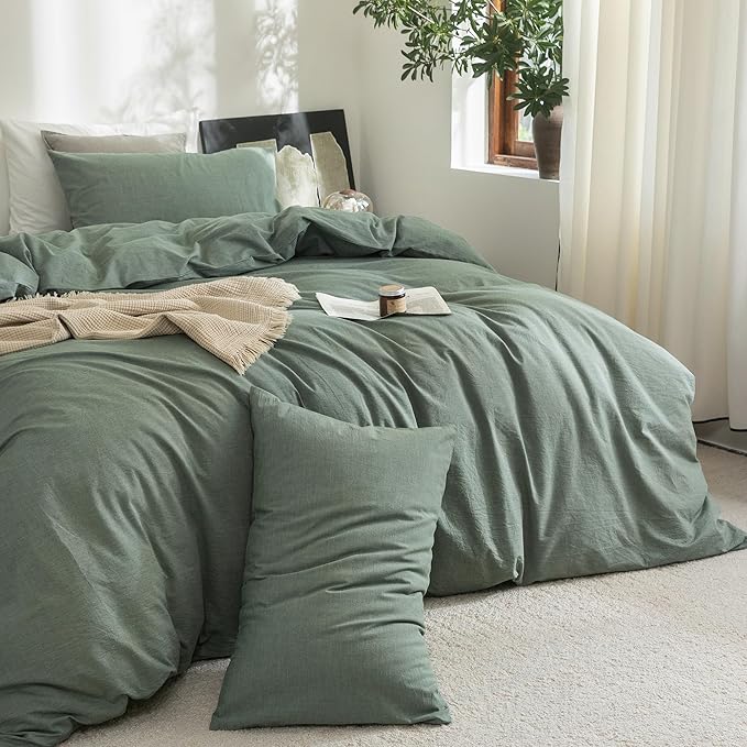 FOSSA Duvet Cover Set 100% Washed Cotton Linen Feel Super Soft Breathable Cozy Simple Style 3 Pieces Bedding Sets Solid Heathered Green Super King