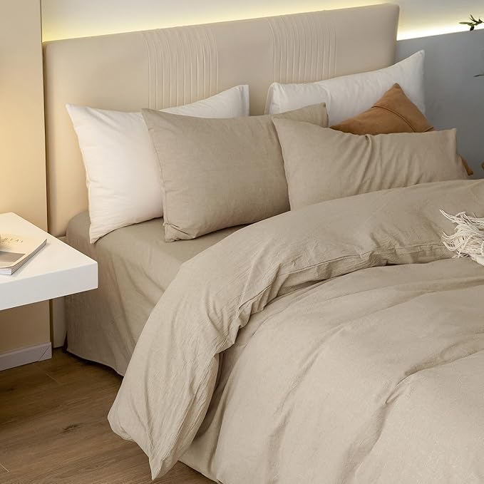 JIYUAN 100% Washed Cotton Duvet Cover Set 2 Pieces Twin, 1 Duvet Cover 68x90 Inches(Comforter Not Included) and 1 Pillowcases,Linen Feel Bedding Set Comfy and Breathable, Heathered Tan