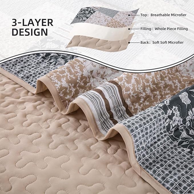 Mybedsoul Patchwork Quilt Set Queen Size, 3 Pieces Blue Brown Floral Plaid Bedspread Coverlet Set, Reversible Soft Microfiber Bedding Set for All Season, Fall Winter Queen 90"x96"