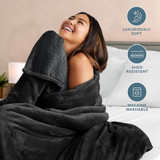Bare Home Sherpa Fleece Blanket - Twin/Twin Extra Long - Blanket for Bed, Sofa, and Couch - Warm & Lightweight - Fluffy & Soft - Reversible (Twin/Twin XL, Black with Black Sherpa)