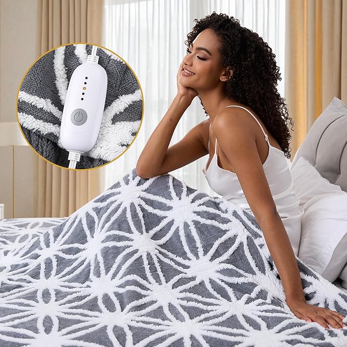 Electric Heated Blanket Full Size 72"x84" Ultra Soft Sherpa Fleece with Elegant Prints, 5 Heat Levels & 10H Auto-Off, Fast Heating for Cozy Winter Comfort, Grey & White