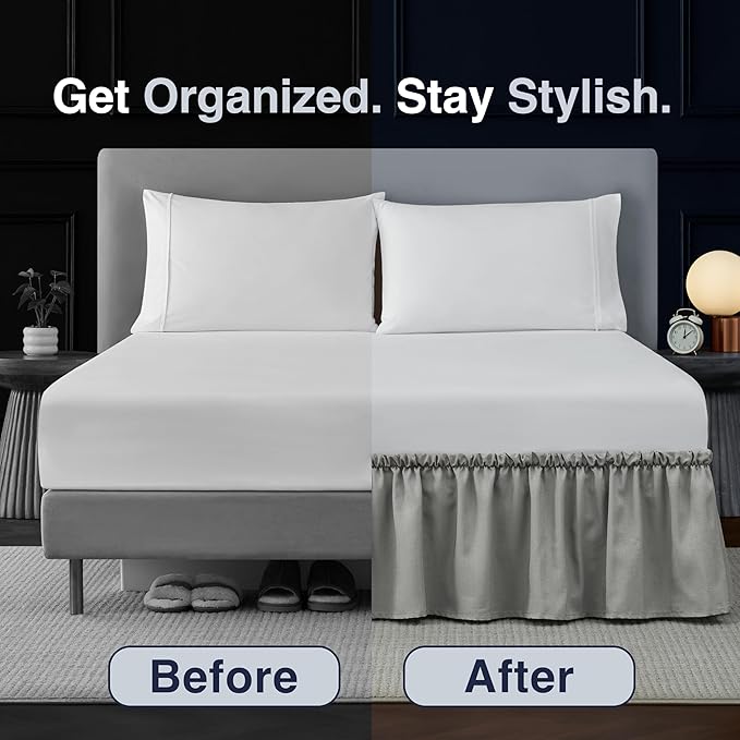 Bed Skirt Queen Bed Skirt Wrap Around Ruffled Box Spring Cover, Easy Install, Washable 15" Drop Elastic Dust Ruffle by Casual Living, 60-inch x 80-inch, Grey