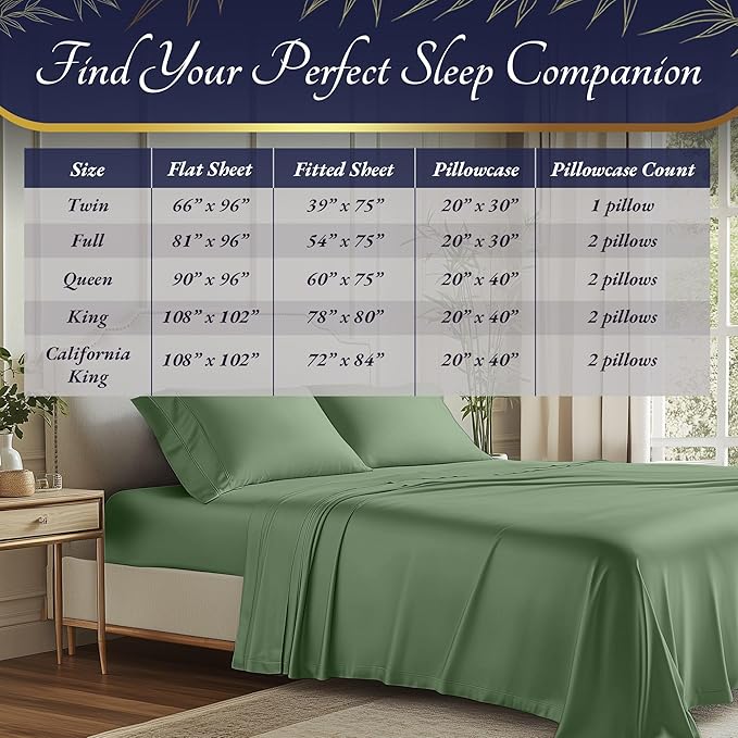 DECOLURE 100% Viscose Derived from Bamboo Sheets King Size 4pcs - Ultra Soft & Luxuriously Cooling, 17" Deep Pocket, Double Stitching, Perfect for Hot Sleepers - King Bed Sheets (Sage Green)