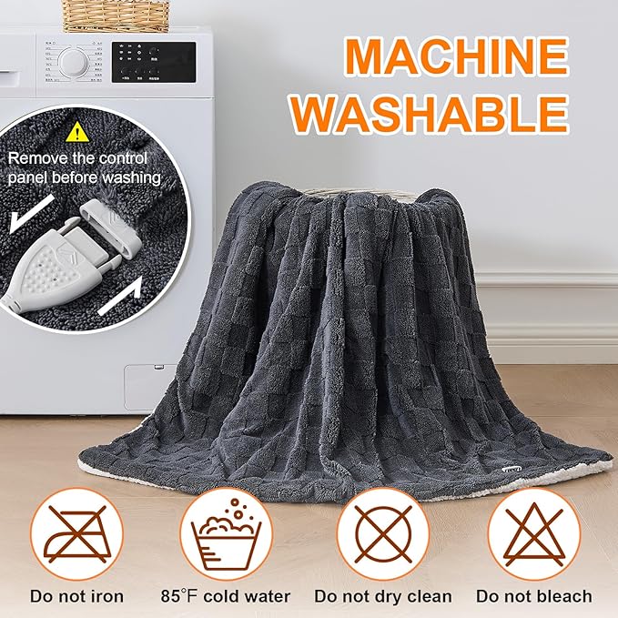 Electric Heated Throw Blanket - Jacquard Checkered Sherpa 50"x60" Fast Heating Bed Blankets with 6 Heating Levels & 4 Hours Auto Off, Over-Heat Protection ETL, Dark Gray