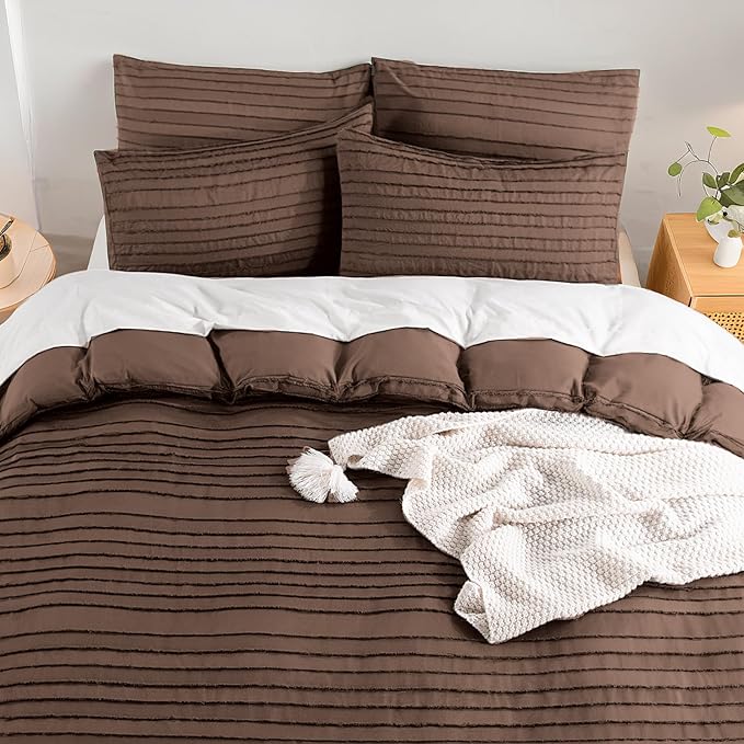 NEXHOME PRO Duvet Cover King Size, Blue 3 Pieces Boho Tufted Duvet Cover Set, Soft and Lightweight Microfiber Comforter Cover Set for All Season(Dark Brown,104 x 90)-No Comforter