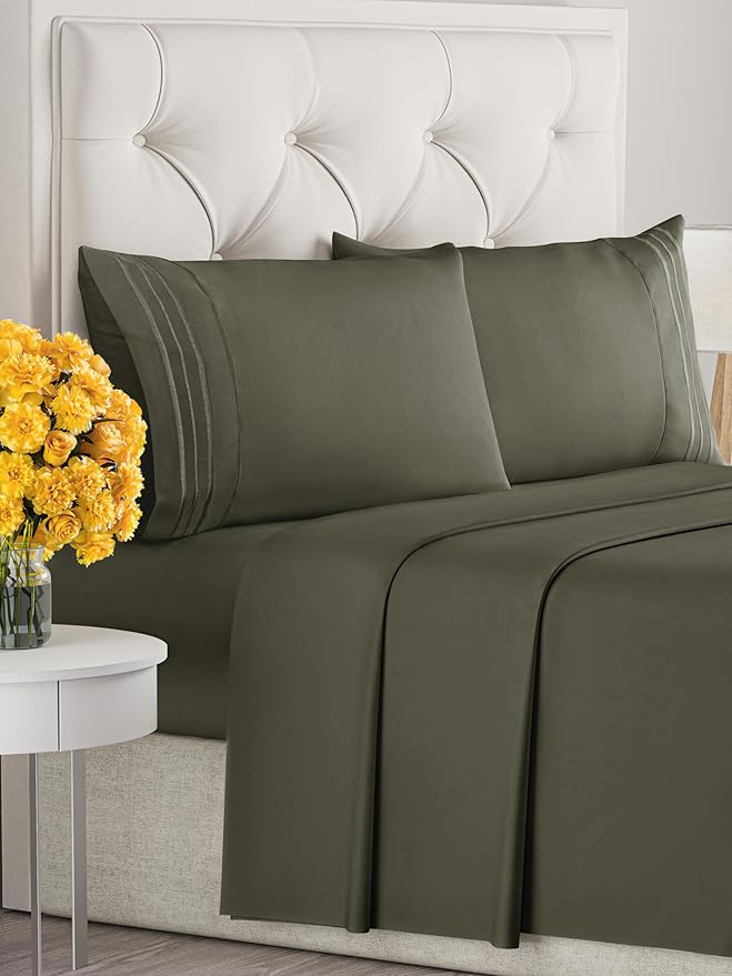 Cal King Size 4 Piece Sheet Set - Extra Soft, Breathable & Cooling Sheets - Hotel Luxury Bed Sheets for Women & Men - Deep Pockets, Easy-Fit & Wrinkle-Free Sheets - Dark Olive Grey Oeko-Tex Bed Sheets