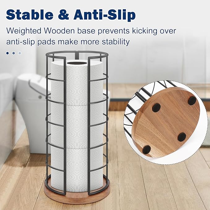 NearMoon Toilet Paper Organizer Stand, Freestanding 3 Rolls Tissue Storage, Metal Bathroom Accessory, Rustproof Toilet Roll Holder for Kitchen Countertop Inside Cabinet Shelf(Wooden Base, Matte Black)