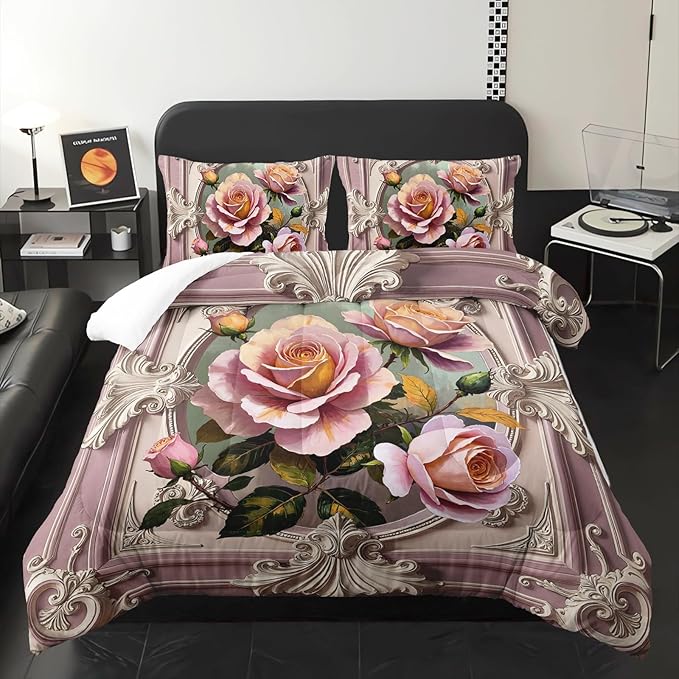 Pink and White Flower Queen Size Comforter Set，Flower Bed Bedding for Kids Queen Size