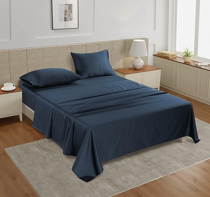 LANE LINEN Full Size Bed Sheet Set – 450 Thread Count 100% Cotton Cooling Sheets, Soft Sateen Weave, 15” Deep Pocket Fully Elasticized Fitted Sheet, Fade-Resistant Hotel Bedding, Estate Blue
