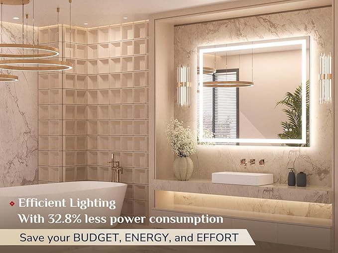 Keonjinn 42 x 36 Inch LED Bathroom Mirror with Lights, Bighter Frontlit & Backlit Vanity Mirror with Stepless Dimmable 3-Color, Anti-Fog Mirror for Wall, HD Tempered Glass, Memory Founction, CR90+