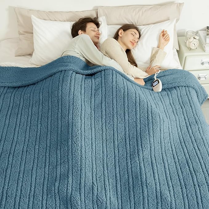 Electric Blanket Queen Size Single Control - Soft Double Sided Sherpa Heated Blanket with 6 Fast Heating Levels & 10 hrs Timer Settings, Washable & Overheat Protection for Bed, Blue