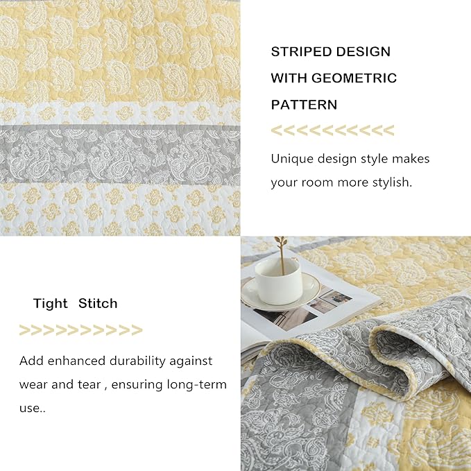 Yellow Quilts Queen Size, Cotton Bed Set, Yellow Grey White Comforter, Striped Bedding Queen Size, Lightweight Luxury Bedspread,3 Piece