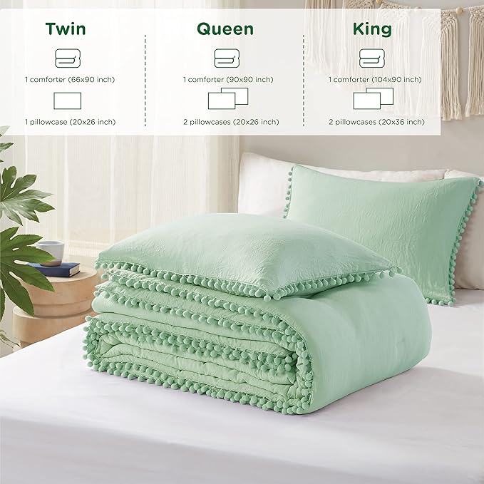 Codi Sage Green King Comforter Set - Boho Chic Bedding with Elegant Pom Fringe, Soft Washed Microfiber 3pc Luxury Set, Lightweight & Breathable for Master Bedroom, 1 Comforter & 2 Pillow Shams