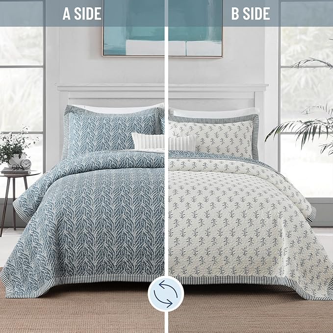 Quilt Set King Size - 100% Cotton Blue White Floral Bedspread Bedding Sets, Lightweight Reversible Botanical Pattern Coverlet with 2 Pillow Shams, 3-Piece All Season, 98x106