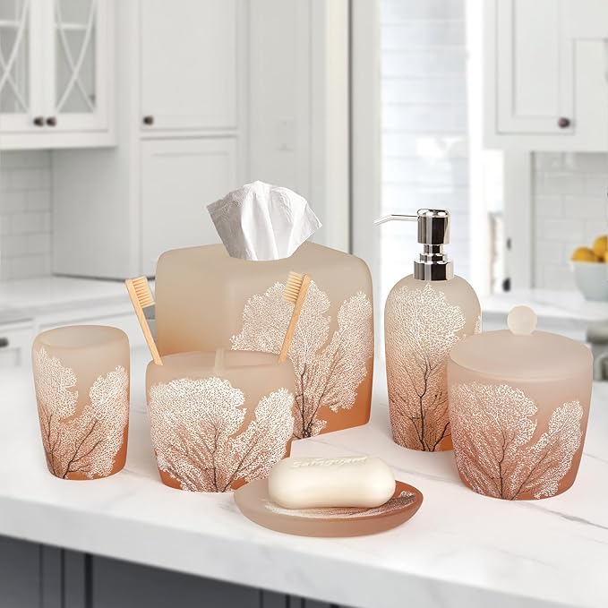 Decozen Bathroom Accessories Set 6Pcs – Soap Dispenser, Toothbrush Holder, Tumbler, Soap Dish & Cotton Swab Jar – Modern Bathroom Decor, Bath Set for Christmas Decor, Carruthers