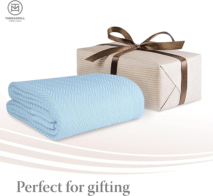 Threadmill Luxury Cotton Blankets for Twin Size Bed | All-Season 100% Cotton Twin Blanket for Bed | Herringbone, Soft & Cozy Fall Thermal Blanket, 350GSM, 68x92 inches | Light Blue