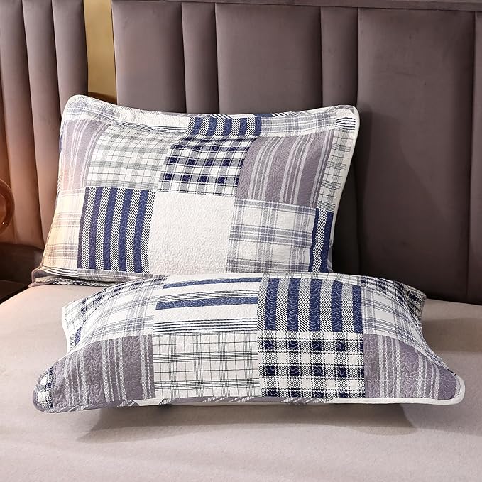 vctops Cotton Quilted Patchwork Quilt Set Queen Size Farmhouse Blue Plaid Bedspreads Coverlet 3 Pieces Summer Lightweight 1 Quilt and 2 Pillow Shams for All Season (Plaid B,Queen)