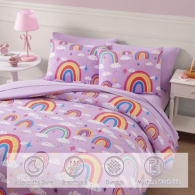 Full Size Comforter Set for Girls-7 Pieces Purple Rainbow Glow in The Dark Full Bedding Sets for Kids, Ultra Soft Bed in A Bag with Sheets