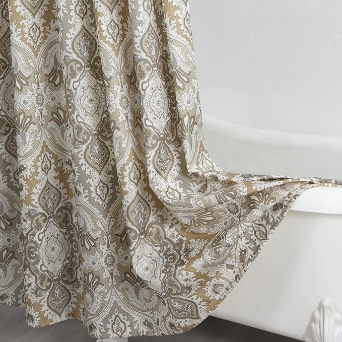 Long Fabric Shower Curtain, Beige and Grey Printed Boho Paisley Damask Pattern Shower Curtains for Bathroom, Waterproof Bathroom Curtains, 72" W x 78" H