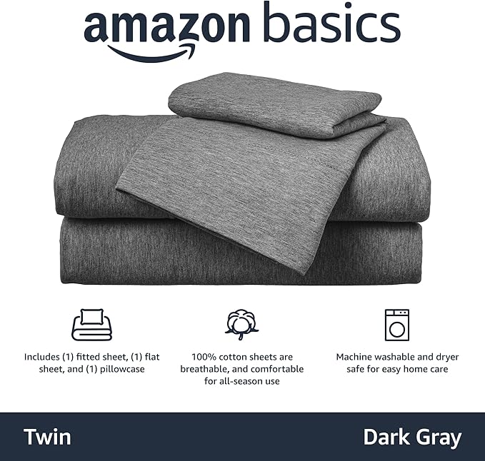 Amazon Basics 3 Piece Bed Sheet Set, 100% Cotton Jersey, Includes Super Soft, Flat and Fitted Sheets, Pillowcase, Twin, Dark Gray, Solid