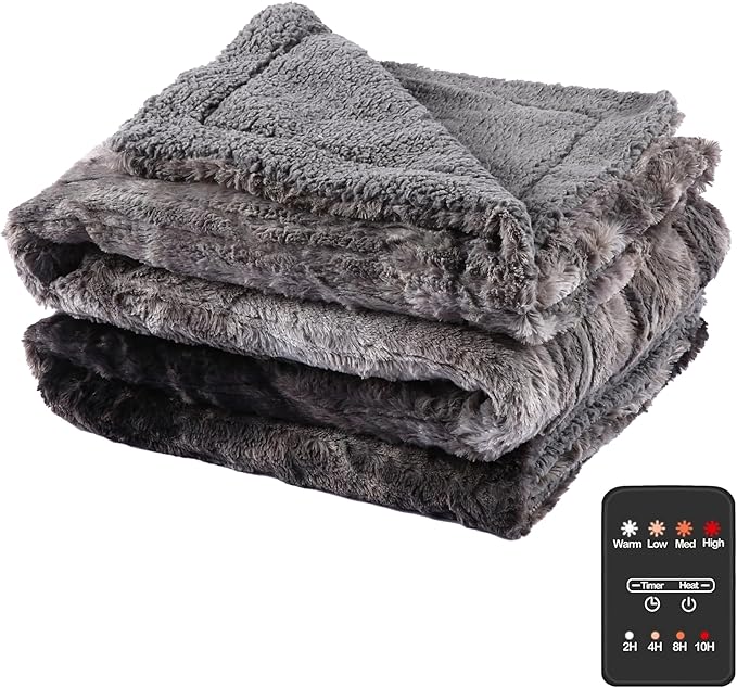 Electric Heated Blanket Throw Size 50" x 60", Super Cozy Warmth Soft with 4 Heating Levels & 4 Hours Auto Off, Plush Faux Fur, Machine Washable, Home Office Use, Gradient Gray