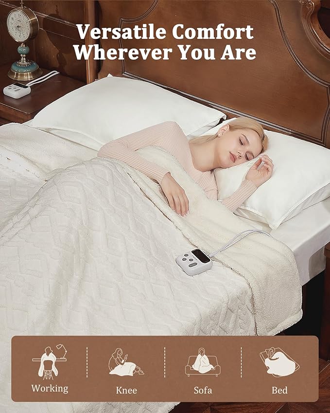 CAROMIO Electric Blanket Full Size - Thick Tufted Sherpa Heated Blanket Full Size with 10 Heating Levels and 10 Time Settings, ETL Certified Machine Washable Fast Heating Blanket Full 72"×84", White