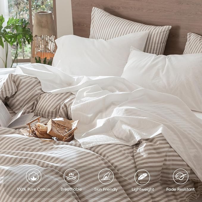 MooMee Bedding Sheet Set 100% Washed Cotton Linen Like Textured Breathable Durable Soft Comfy (Solid Off White, Full)