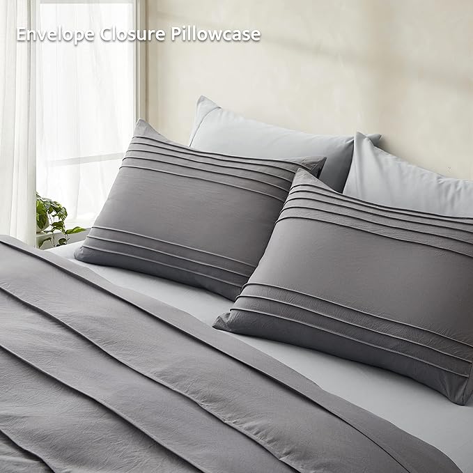 Oli Anderson Grey Duvet Cover Queen Size - Pleated Queen Duvet Cover, 3PCS Soft and Breathable Textured Bedding Set with Zipper Closure(Grey,90"x90")