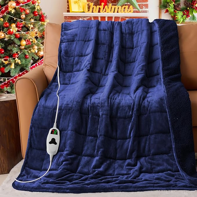 CYMULA Heated Weighted Blanket for Adults, Weighted Heated Blanket 50" x 60", 13lbs Sherpa Fleece Weighted Electric Blanket Soft Heating Blanket with 10 Heating Levels & 1-8 Hours Auto Off, Navy