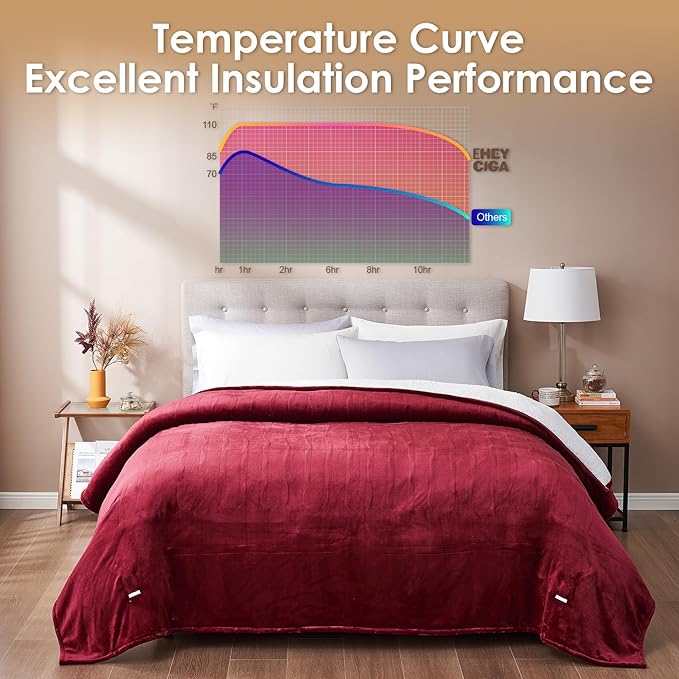 EHEYCIGA Heated Blanket Electric Blanket King Size - Heating Blanket with 9 Heating Levels & 10 Hours Auto Off, Soft Cozy Sherpa Washable Dual Control Blanket with Fast Heating, 90 x 100 Inches