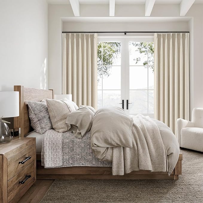 Topfinel 102 Inches Long Cream Colored Custom Total Blackout Linen Curtains, Tan Pinch Pleated Curtains with Pin Hooks for Traverse, Burlap Viral Drapes 2 Panels for Living Room Master Bedroom