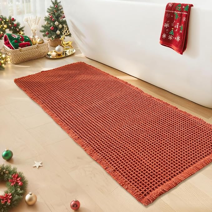 Waffle Bath Mat - Boho Bathroom Rugs Non Slip Washable, Super Absorbent & Quick Dry, Soft Bath Mat Farmhouse Bathroom Decor, 24'' x 48'', Dirty Orange