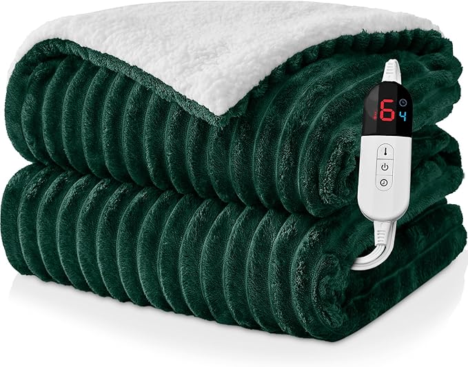 Electric Heated Throw Blanket - 50"x60" Fast Heating Bed Blankets with 6 Heating Levels & 4 Hours Auto Off, Soft Ribbed Flannel Sherpa, Over-Heated Protection ETL, Dark Green