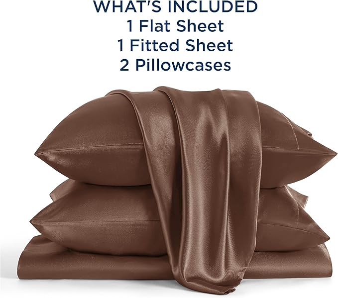 Bedsure Satin Sheets King Size - 4 Piece Silky Bedsheets with 15 Inches Deep Pocket Fitted Bedsheet,1 Flat Sheet, 2 Satin Pillowcases, Good for Hair & Skin (King, Coffee)